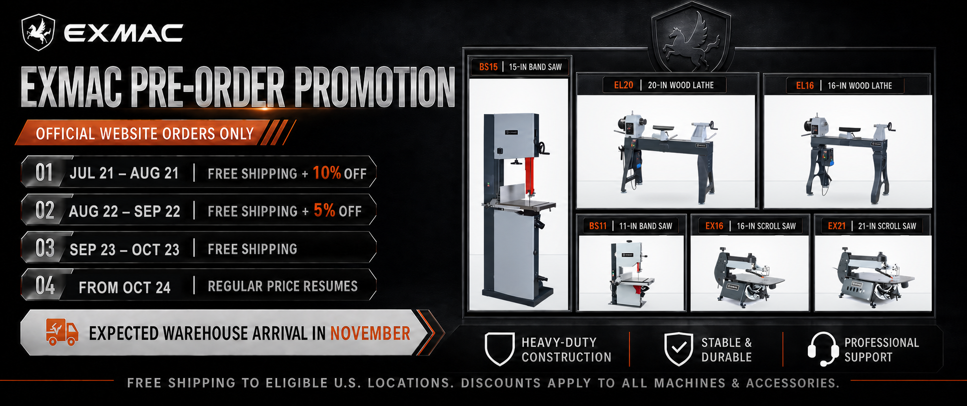 EXMAC 2026 preorder promotion for six woodworking machines, July 21 through October 23
