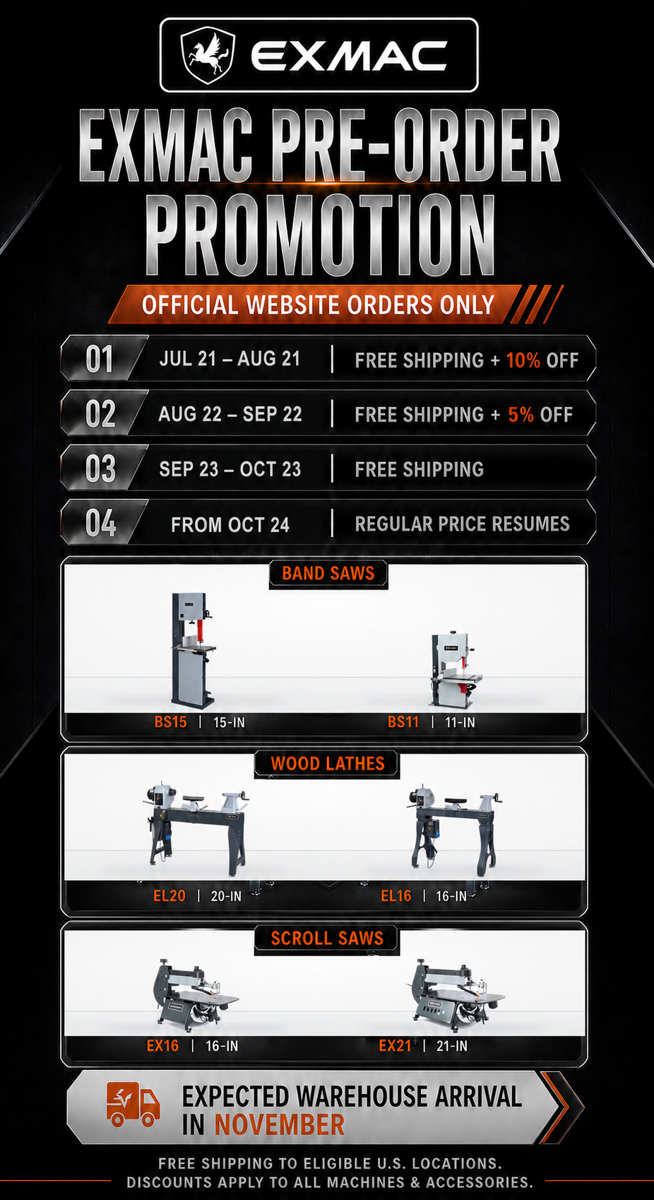 EXMAC 2026 preorder promotion for six woodworking machines, July 21 through October 23